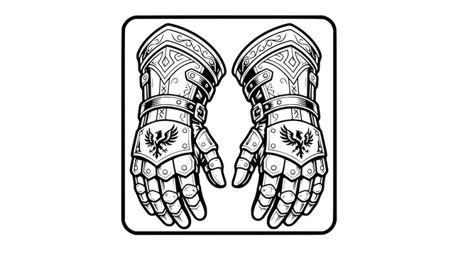 Ornate medieval gauntlets with phoenix emblem, black and white illustration