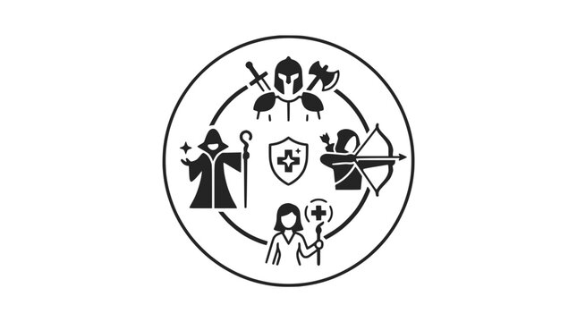 Fantasy RPG Classes Circle Icon Set: Mage, Warrior, Archer, Healer