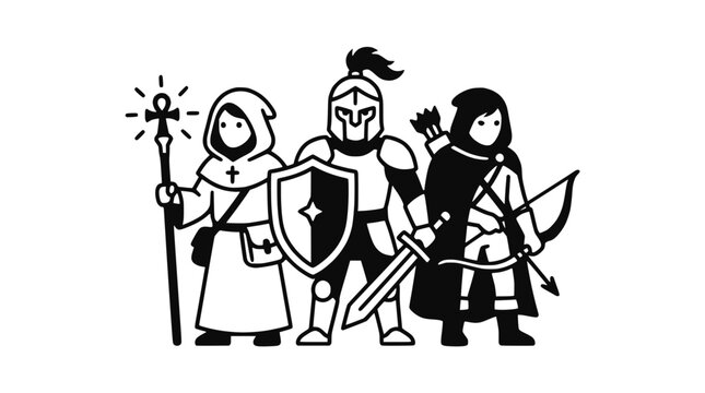 Fantasy heroes team: warrior, mage, archer, illustration on white background.