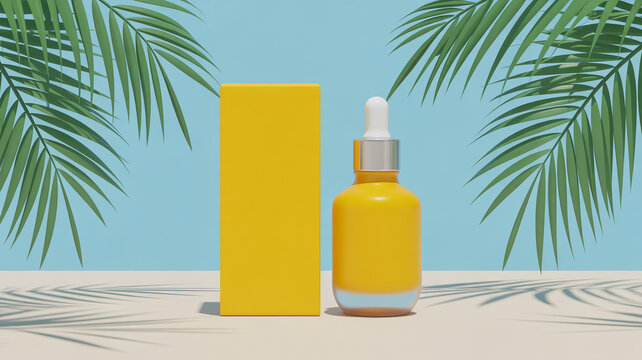 Yellow serum bottle with dropper and box on sandy surface with palm leaves