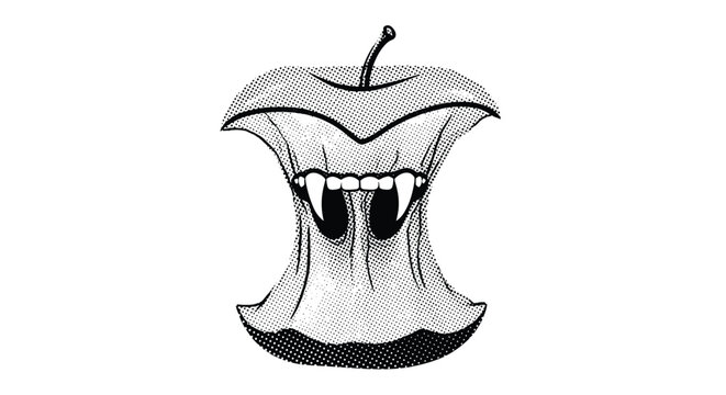 Creative black and white halftone illustration of an apple core transformed with menacing vampire fangs and teeth.