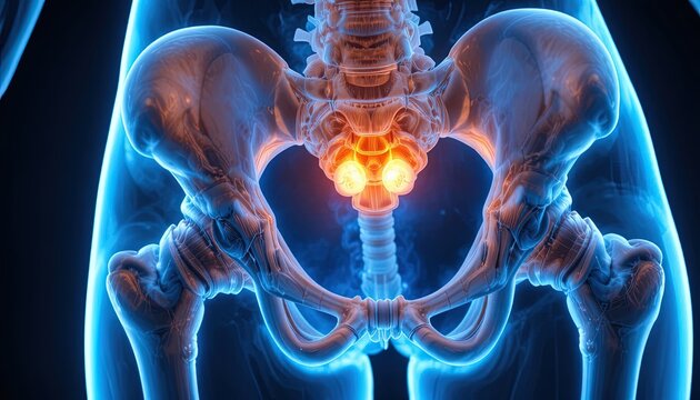 Medical X-ray Scan of Human Pelvis with Highlighted Bone Structure and Glowing Joints in Dark Blue Tone
