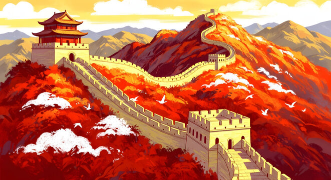 Illustrated Great Wall of China at sunrise with traditional watchtowers and snowy mountains