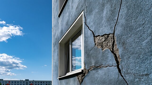 Gro&szlig;er Fassadenriss an modernem Wohngeb&auml;ude w&auml;hrend extremer Sommerhitze