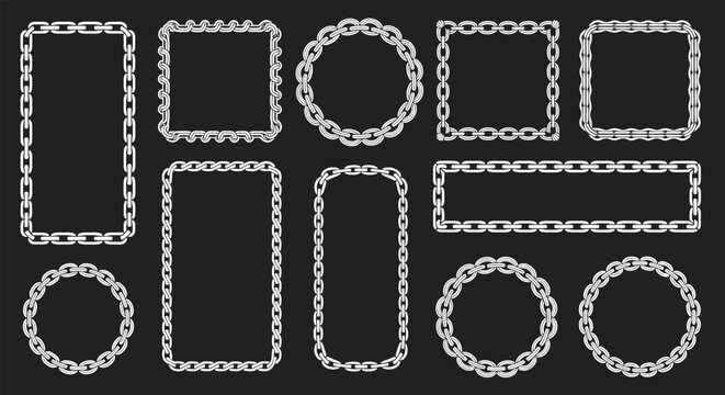 Diverse collection of decorative frames constructed from metallic chain links in various shapes including rectangles, circles, and squares.