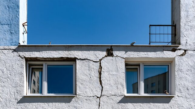 Rissige Hausfassade nach extremer Hitzewelle mit gro&szlig;em vertikalem Mauerriss