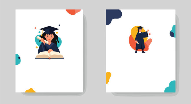 Set of two graduation-themed posters featuring a happy female graduate with a diploma and books on white background.