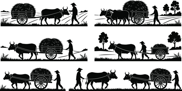 Traditional Asian farmers with bullock carts and water buffalo silhouettes vector collection isolated on white background