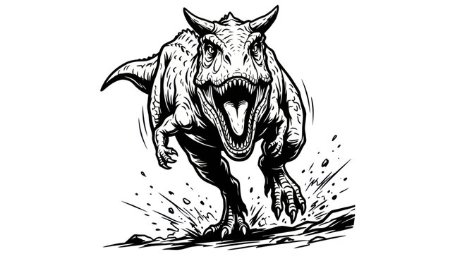Charging Carnotaurus dinosaur black and white sketch