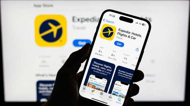 In this photo illustration, the Expedia travel booking app is seen displayed on an iPhone smartphone screen in front of a blurred computer monitor background representing digital travel commerce UI.
