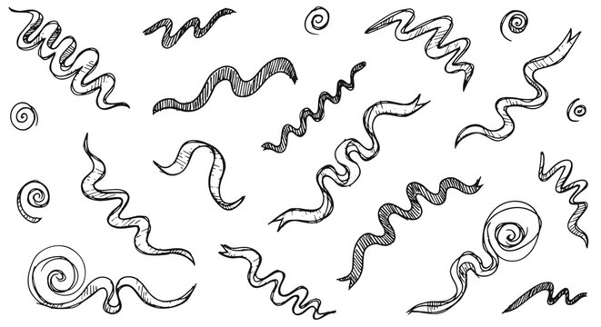 Collection of hand drawn sketchy ribbons and decorative scrolls in black ink provides versatile elements for graphic design and art.