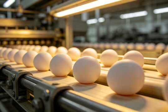 Eggs on a conveyor belt in a factory