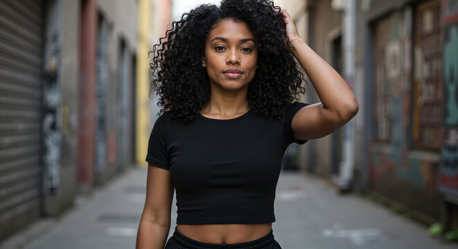 Young Black woman posing confidently in urban alleyway background  