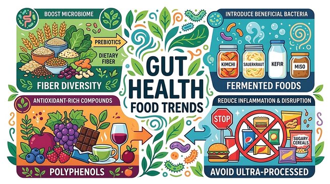 Gut health food trends infographic with probiotic and fiber advice