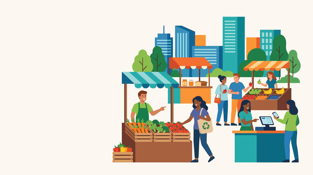 Vibrant urban farmers market scene with diverse people shopping for fresh produce and goods from various stalls set against a backdrop of city buildings.