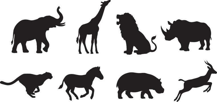 African safari wild animal black silhouettes set featuring elephant giraffe lion rhino cheetah zebra hippo and gazelle
