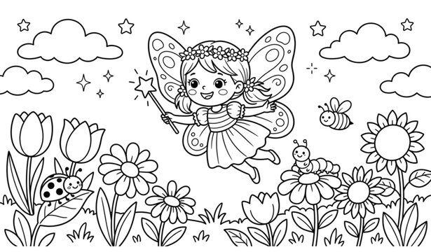 Cute flying fairy girl coloring page printable fantasy line art for kidsCute flying fairy girl coloring page printable fantasy line art for kidsCute fairy girl sitting on mushroom coloring book page f
