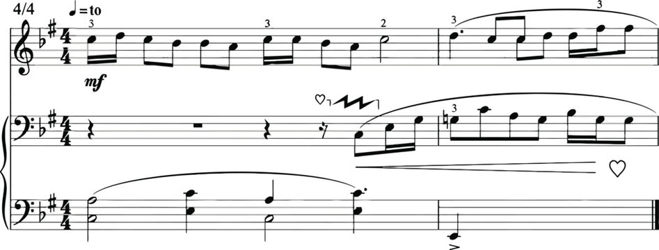 Musical score sheet with heart motifs and silhouetted musical notation