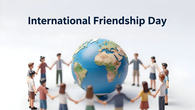 Multiethnic miniature figures holding hands in a circle around the earth globe concept