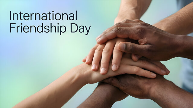 International Friendship Day background with diverse business or casual team piling hands