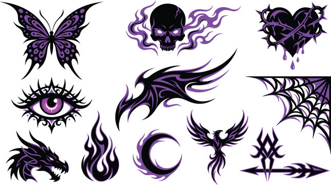 Gothic tribal tattoo flash art design elements vector illustration pack on white background