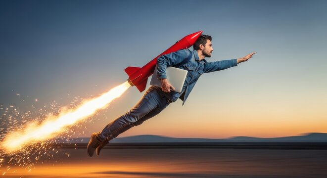 Young Entrepreneur Flying with a Rocket on his Back Holding a Laptop - Business Startup Concept