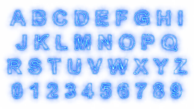 alphabet letters and numbers blue neon lights glowing font on transparent background, png uppercase letters gamer and technology design element