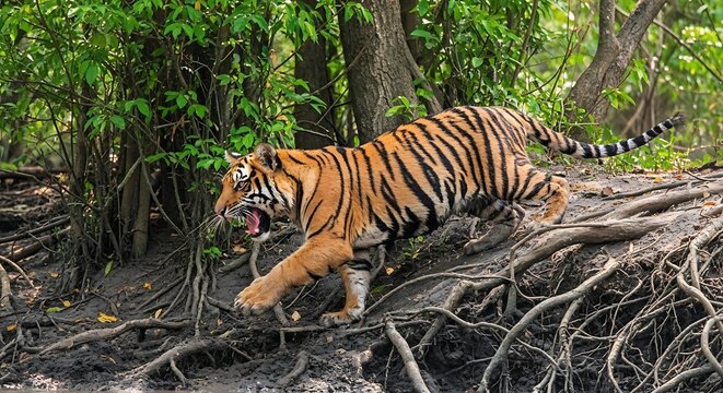 Majestic Bengal tiger walking through jungle roots, powerful wild cat hunting in tropical forest, orange striped predator in nature