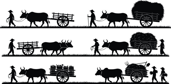 Traditional Asian farmers with bullock carts and water buffalo silhouettes vector set isolated on white background