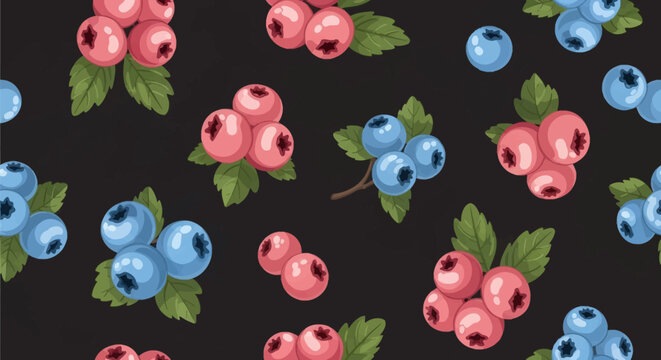 Seamless vector pattern of blue and pink berry clusters with green leaves on dark background. Repeatable textile design featuring blueberries and cranberries in illustrative style.