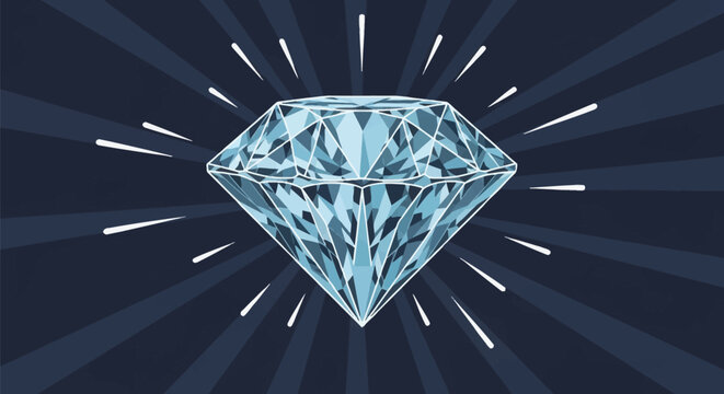 Large faceted blue diamond gemstone illustration with white outlines centered on a dark blue radial sunburst background featuring stylized light rays and pop art design.