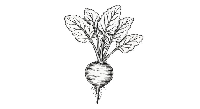 Vintage hand-drawn botanical illustration of a whole sugar beet vegetable with textured taproot and large leafy greens, isolated on a white background, black and white ink sketch.