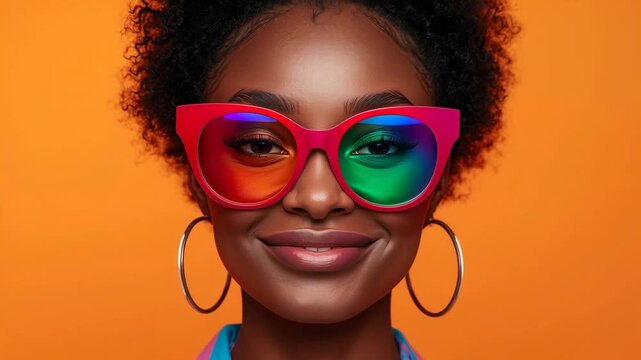 African American woman with curly hair wearing colorful oversized sunglasses smiles confidently against a vibrant orange background, showcasing her playful style and personality