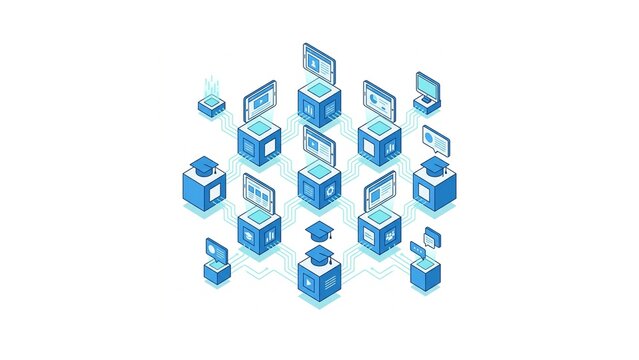 Isometric graphic of digital smart classroom databases and online platforms