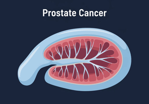 Medical vector illustration of a human prostate gland cross-section showing internal tissue layers, vessels, and anatomical details labeled with prostate cancer text.
