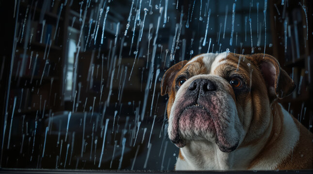 Old English Bulldog on a Rainy Day Looking Out the Window
