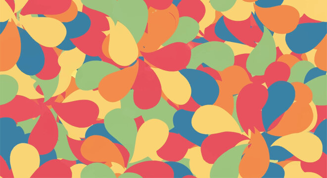 Seamless vector pattern with overlapping colorful teardrop shapes in red, orange, yellow, green, and blue tones, creating a vibrant organic abstract texture background design.