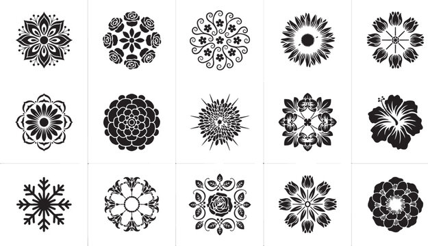 Collection Of Stylized Floral Emblems With Varied Petal Arrangements Flowers Shapes 209