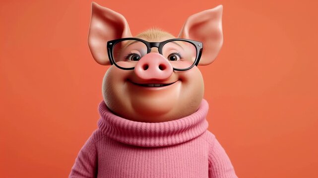 Cartoon pig character with glasses and pink sweater smiles warmly against a vibrant orange background, showcasing a playful and friendly demeanor in a whimsical setting