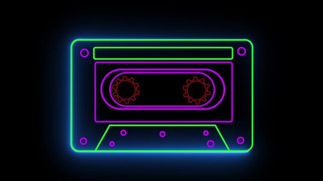 Cassette tape outlined in vibrant green and purple neon lines sits isolated against a dark background, showcasing retro audio storage technology with a modern stylistic graphic digital illustration.