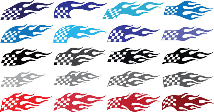 Racing flag with fire flames silhouette vector set.