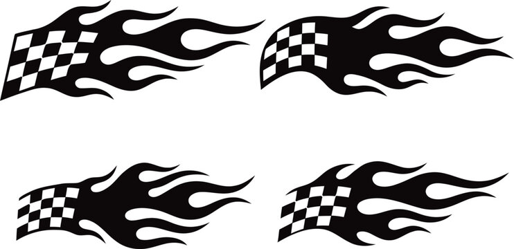 Black silhouette racing flames and checkered flag vector pack.