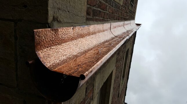 Low angle view of copper architectural gutter with water spilling and rich weathered texture