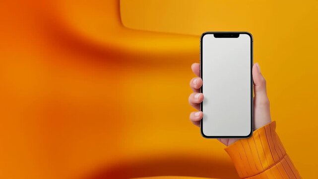 Hand holding smartphone with blank screen against vibrant orange and red background, showcasing gradual shift in color and texture across frames