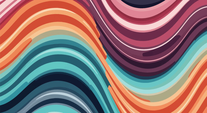 Abstract vector-style background featuring layered colorful wavy lines in orange, red, pink, purple, and teal. Fluid curved stripes create a dynamic parallel pattern for design.
