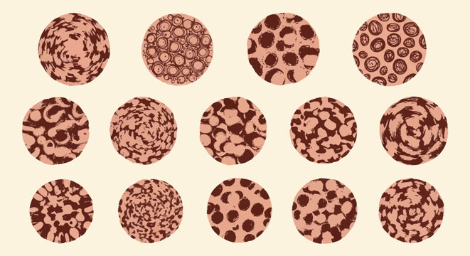 Set of fifteen hand-drawn circular doodle elements with diverse textures including swirls, dots, and scribbles in a dark reddish-brown color on a plain cream-colored background.