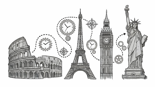 Line Art Illustration of Famous Landmarks: Colosseum, Eiffel Tower, Big Ben, Statue of Liberty with Clock Gears and Compass Rose, Travel Concept