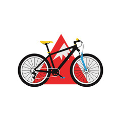 Fototapeta premium Mountain bike vector illustration with a vibrant red triangular snowy peak emblem in the background.