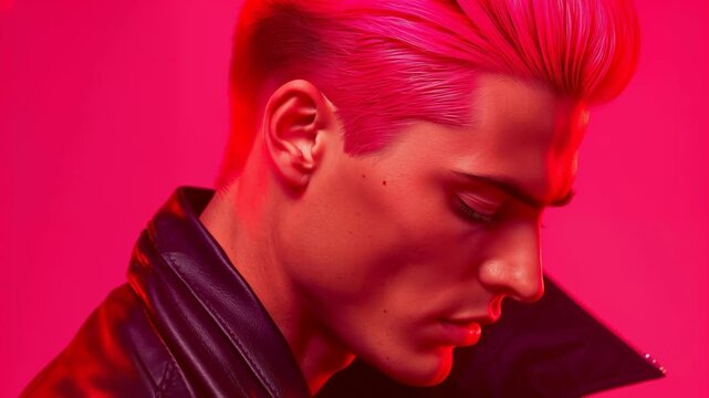 Male model with pink hair in black leather jacket poses against a vibrant pink background, showcasing a series of dynamic angles and expressions in a fashion shoot