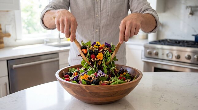 Chef Hands Mixing Colorful Vegetable Salad in Metal Bowl